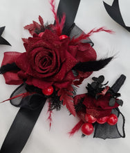 Load image into Gallery viewer, Burgundy & black w gold glitter corsage & buttonhole set - School formal, prom, graduation, wedding