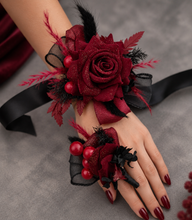 Load image into Gallery viewer, Burgundy & black w gold glitter corsage & buttonhole set - School formal, prom, graduation, wedding