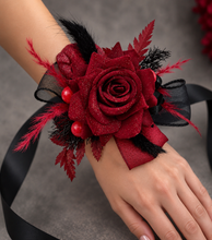 Load image into Gallery viewer, Burgundy & black w gold glitter corsage & buttonhole set - School formal, prom, graduation, wedding