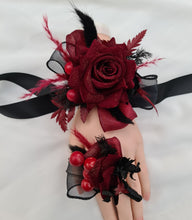 Load image into Gallery viewer, Burgundy & black w gold glitter corsage & buttonhole set - School formal, prom, graduation, wedding