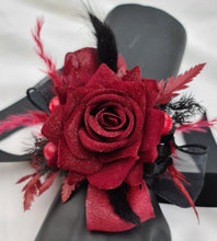 Load image into Gallery viewer, Burgundy & black w gold glitter corsage & buttonhole set - School formal, prom, graduation, wedding