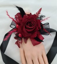 Load image into Gallery viewer, Burgundy & black w gold glitter corsage & buttonhole set - School formal, prom, graduation, wedding