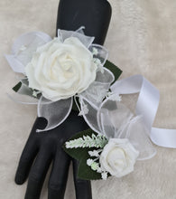 Load image into Gallery viewer, Green & white corsage & buttonhole set Style 1 - School formal, prom, graduation, wedding