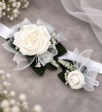 Load image into Gallery viewer, Green & white corsage & buttonhole set Style 1 - School formal, prom, graduation, wedding