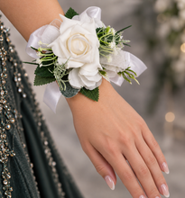 Load image into Gallery viewer, Green & white corsage & buttonhole set Style 2 - School formal, prom, graduation, wedding