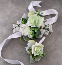 Load image into Gallery viewer, Green & white corsage & buttonhole set Style 3 - School formal, prom, graduation, wedding