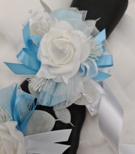 Load image into Gallery viewer, White baby blue corsage & buttonhole set - School formal, prom, graduation, wedding