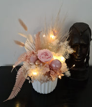 Load image into Gallery viewer, Happy Birthday preserved flowers in dusty pink, neutral & blush colours with preserved peony n lights