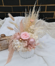 Load image into Gallery viewer, Happy Birthday preserved flowers in dusty pink, neutral & blush colours with preserved peony n lights