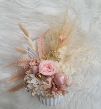 Load image into Gallery viewer, Happy Birthday preserved flowers in dusty pink, neutral & blush colours with preserved peony n lights