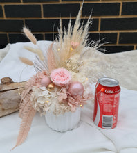 Load image into Gallery viewer, Happy Birthday preserved flowers in dusty pink, neutral & blush colours with preserved peony n lights