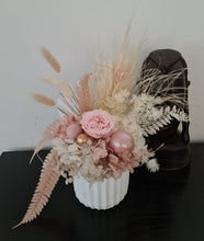 Load image into Gallery viewer, Happy Birthday preserved flowers in dusty pink, neutral & blush colours with preserved peony n lights