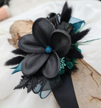 Load image into Gallery viewer, Emerald black frangipani corsage & buttonhole set - School formal, prom, graduation, wedding
