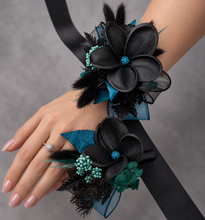 Load image into Gallery viewer, Emerald black frangipani corsage & buttonhole set - School formal, prom, graduation, wedding