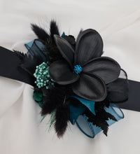 Load image into Gallery viewer, Emerald black frangipani corsage & buttonhole set - School formal, prom, graduation, wedding