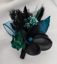 Load image into Gallery viewer, Emerald black frangipani corsage & buttonhole set - School formal, prom, graduation, wedding