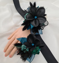Load image into Gallery viewer, Emerald black frangipani corsage & buttonhole set - School formal, prom, graduation, wedding