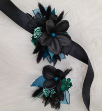 Load image into Gallery viewer, Emerald black frangipani corsage & buttonhole set - School formal, prom, graduation, wedding