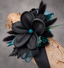 Load image into Gallery viewer, Emerald black frangipani corsage & buttonhole set - School formal, prom, graduation, wedding