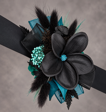 Load image into Gallery viewer, Emerald black frangipani corsage & buttonhole set - School formal, prom, graduation, wedding