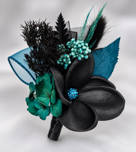 Load image into Gallery viewer, Emerald black frangipani corsage & buttonhole set - School formal, prom, graduation, wedding
