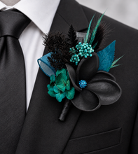 Load image into Gallery viewer, Emerald black frangipani corsage & buttonhole set - School formal, prom, graduation, wedding
