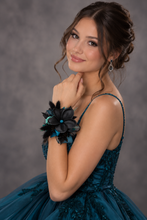 Load image into Gallery viewer, Emerald black frangipani corsage & buttonhole set - School formal, prom, graduation, wedding