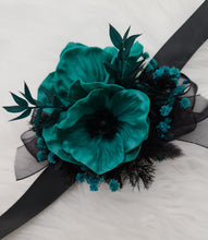 Load image into Gallery viewer, Emerald black anemone corsage & buttonhole set - School formal, prom, graduation, wedding