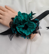 Load image into Gallery viewer, Emerald black anemone corsage & buttonhole set - School formal, prom, graduation, wedding