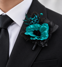 Load image into Gallery viewer, Emerald black anemone corsage & buttonhole set - School formal, prom, graduation, wedding