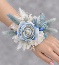Load image into Gallery viewer, Pearl bracelet everlasting flowers blue / white corsage AB1171 - School formal, prom, graduation, wedding