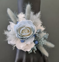 Load image into Gallery viewer, Pearl bracelet everlasting flowers blue / white corsage AB1171 - School formal, prom, graduation, wedding