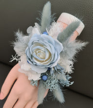 Load image into Gallery viewer, Pearl bracelet everlasting flowers blue / white corsage AB1171 - School formal, prom, graduation, wedding