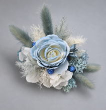 Load image into Gallery viewer, Pearl bracelet everlasting flowers blue / white corsage AB1171 - School formal, prom, graduation, wedding