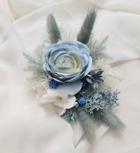 Load image into Gallery viewer, Pearl bracelet everlasting flowers blue / white corsage AB1171 - School formal, prom, graduation, wedding