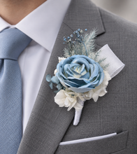 Load image into Gallery viewer, Blue & white corsage & buttonhole set AB1172 - School formal, prom, graduation, wedding