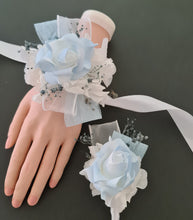 Load image into Gallery viewer, Baby blue & white corsage & buttonhole set AB1177 - School formal, prom, graduation, wedding