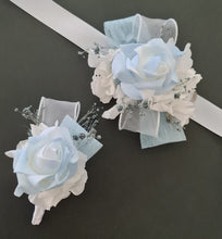 Load image into Gallery viewer, Baby blue & white corsage & buttonhole set AB1177 - School formal, prom, graduation, wedding