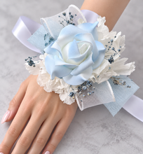 Load image into Gallery viewer, Baby blue & white corsage & buttonhole set AB1177 - School formal, prom, graduation, wedding