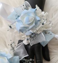 Load image into Gallery viewer, Baby blue & white corsage & buttonhole set AB1177 - School formal, prom, graduation, wedding