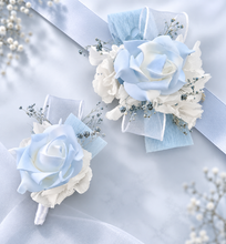 Load image into Gallery viewer, Baby blue & white corsage & buttonhole set AB1177 - School formal, prom, graduation, wedding