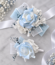 Load image into Gallery viewer, Baby blue & white corsage & buttonhole set AB1177 - School formal, prom, graduation, wedding