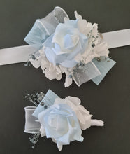 Load image into Gallery viewer, Baby blue & white corsage & buttonhole set AB1177 - School formal, prom, graduation, wedding