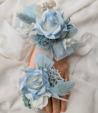 Load image into Gallery viewer, White & baby blue corsage & buttonhole set AB1178 - School formal, prom, graduation, wedding