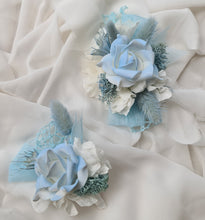 Load image into Gallery viewer, White & baby blue corsage & buttonhole set AB1178 - School formal, prom, graduation, wedding