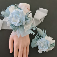 Load image into Gallery viewer, White & baby blue corsage & buttonhole set AB1178 - School formal, prom, graduation, wedding