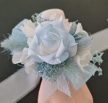 Load image into Gallery viewer, White & baby blue corsage & buttonhole set AB1178 - School formal, prom, graduation, wedding