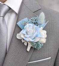 Load image into Gallery viewer, White & baby blue corsage & buttonhole set AB1178 - School formal, prom, graduation, wedding