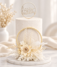 Load image into Gallery viewer, Handcrafted Neutral & white preserved flowers boho hoop / cake topper – 6inch