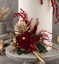 Load image into Gallery viewer, Burgundy, gold & glitter floral cake topper - Wedding, engagement
